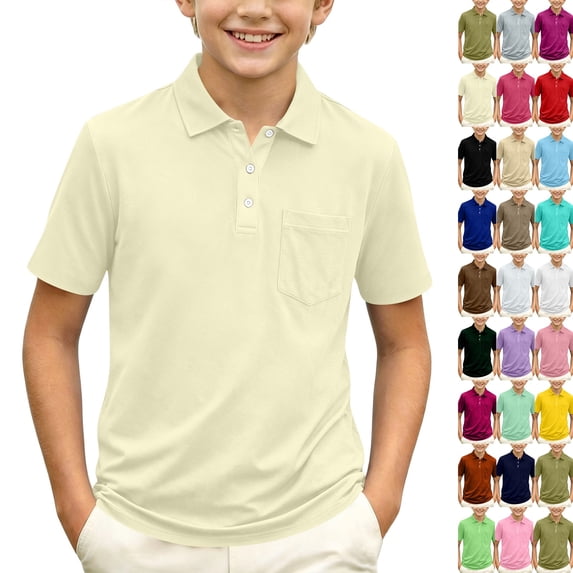 Boys Polo Shirt Short Sleeve Button up Collared Shirts Athletic Golf Youth Teen Boy School Uniform Kids Clothes 2026,Beige 160