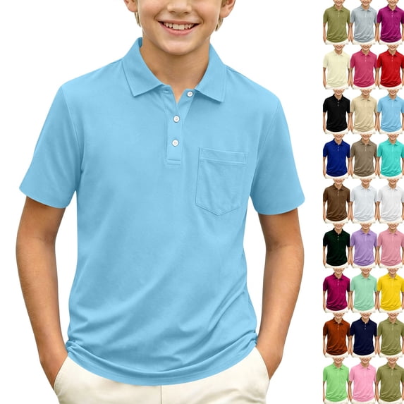 Boys Polo Shirt Short Sleeve Button up Collared Shirts Athletic Golf Youth Teen Boy School Uniform Kids Clothes 2026,Sky Blue 140