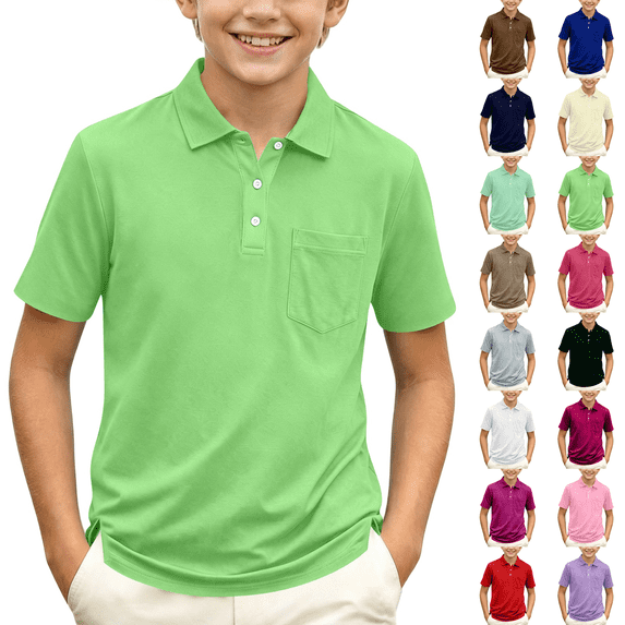 Boys Polo Shirt Short Sleeve Button up Collared Shirts Athletic Golf Youth Teen Boy School Uniform Kids Clothes Green 9-10 Years