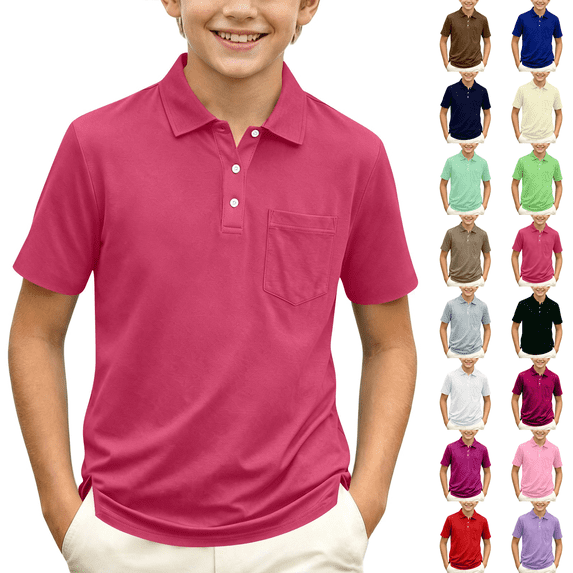 Boys Polo Shirt Short Sleeve Button up Collared Shirts Athletic Golf Youth Teen Boy School Uniform Kids Clothes Hot Pink 9-10 Years
