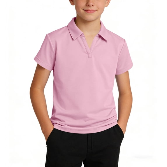 Boys Polo Shirt Short Sleeve Moisture Wicking - Kids Uniform School Polo, Stretch Slim Fit Quick Dry, Pink,Size 5-6 T