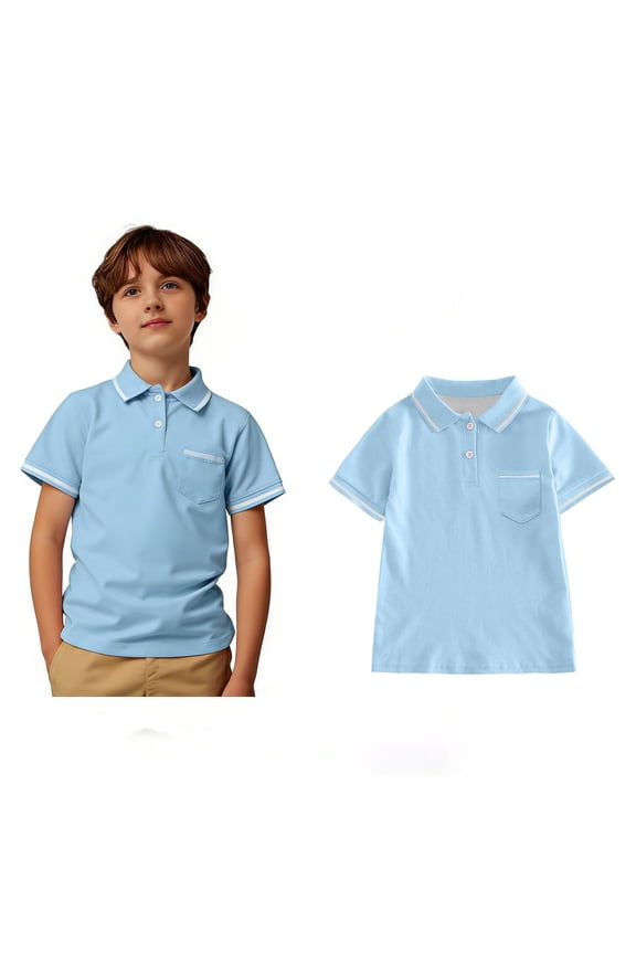 Boys' Polo Shirt Short Sleeves Sky Blue Button up Shirt Boys Collared Shirts Uniform Shirts for Boys Boys 7-8 Years Shirts