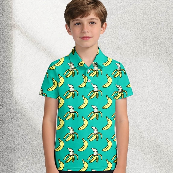 Boys Polo Shirt Summer Casual Shirt | Short Sleeve Button Down Shirt with Print | Breathable Polyester Top for Kids and for School, Play, Outdoor(Green,13-14 Years)