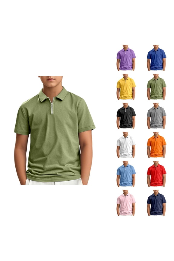 Boys Polo Shirt Summer Short Sleeve Lapel Collar Quarter Zip Casual Plain T Shirts Kids School Uniform 3-14 Years