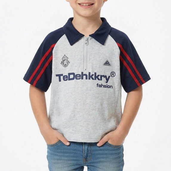 Boys Polo Shirt Summer Short Sleeve Letter Print Lapel Tee Top with ...