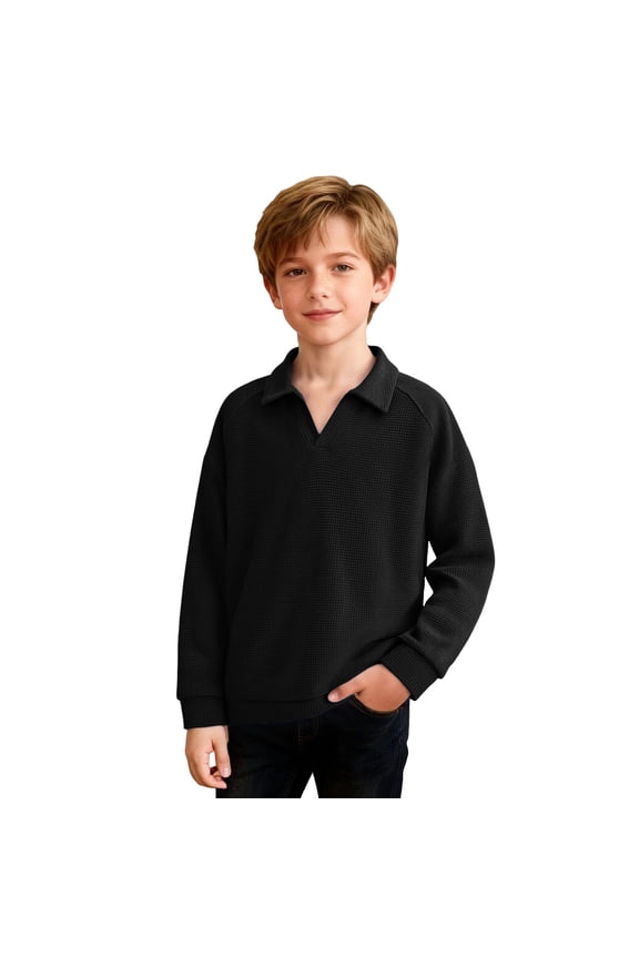 Boys Polo Shirt - Waffle Knit V-Neck Long Sleeve thermal T-Shirt - Baselayer Shirt for Boys (4-14)