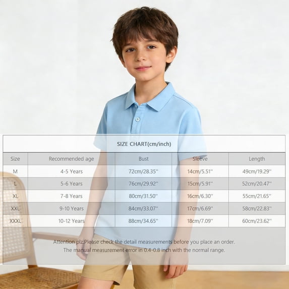 Boys Polo Shirts Blue Button Down Short Sleeve Dress Shirt Girls School Uniform Classic Kids Summer T-Shirts 7-8 Years