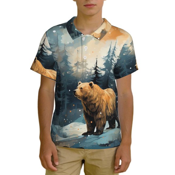 Boys Polo Shirts Casual Button Placket Apparel Golf Kids Beach Top, Bear Moose Rustic Wood