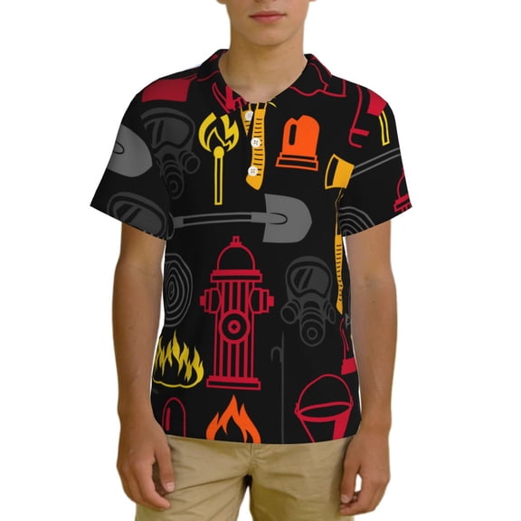 Boys Polo Shirts Casual Button Placket Apparel Golf Kids Beach Top, Firefighting Items Fire Firefighter Fighter