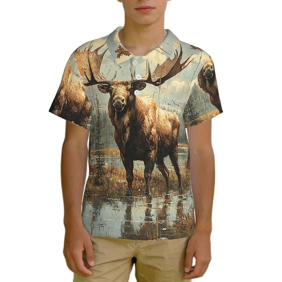Boys Polo Shirts Casual Button Placket Apparel Golf Kids Beach Top, Moose Vintage