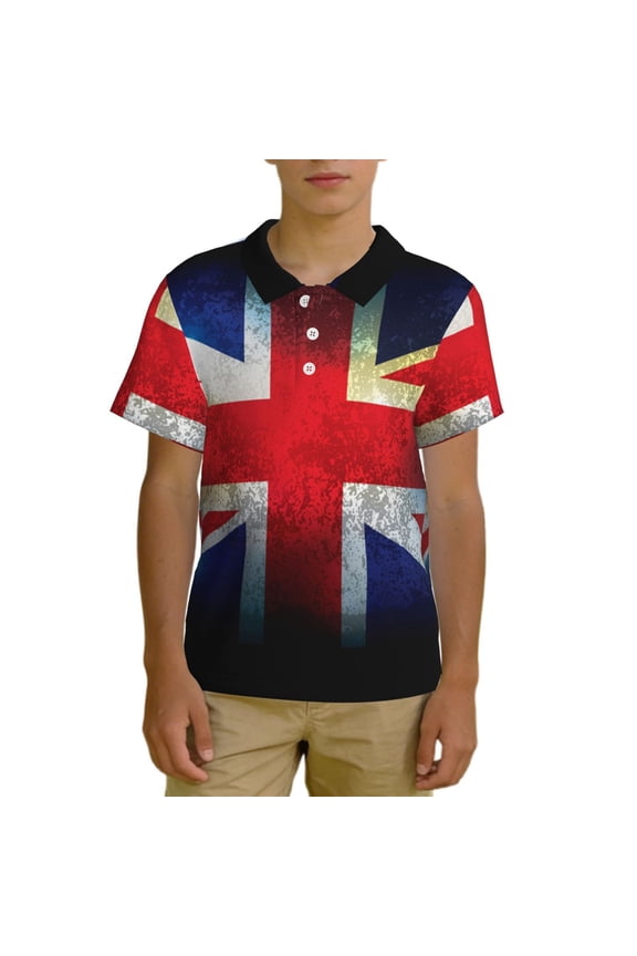 Boys Polo Shirts Casual Button Placket Apparel Golf Kids Beach Top, Union Jack United Kingdom Flag Vintage