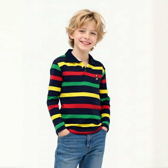 Boys' Polo Shirts Long Sleeve Kids Striped Button down Shirt Boys School Uniform Shirts Casual Collared Shirts Kids 8-9 Years Boys Shirts