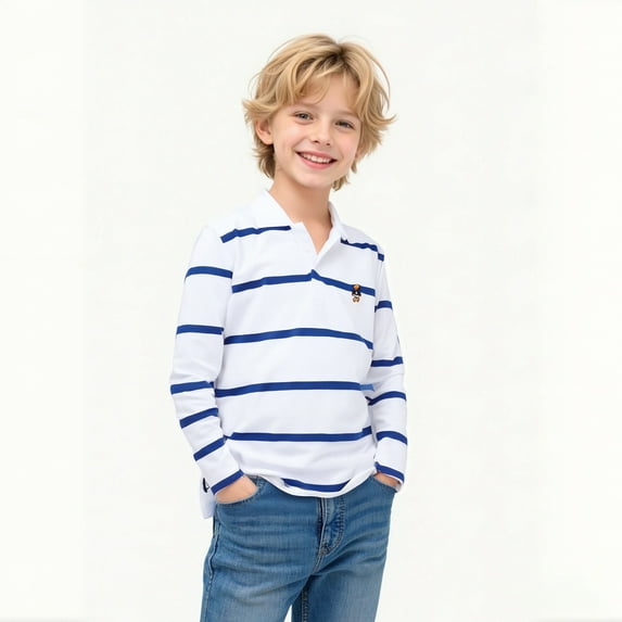 Boys' Polo Shirts Long Sleeve Striped Button down Shirt Boys School Uniforms Casual Collared Shirt Kids Boys Shirts Size 5-6 Years