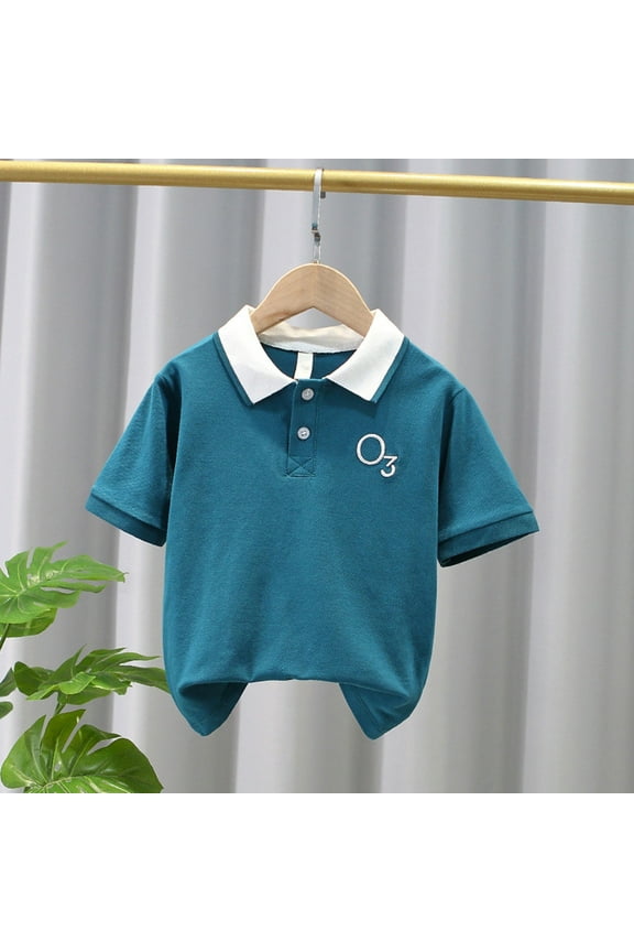 Boys Polo Shirts Short Sleeve Blue Button-Down Shirts Lapel Collar Uniform Shirt School Shirt