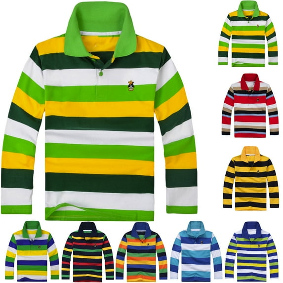 Boys Polo Shirts Size 6-7 Long Sleeve Striped Color Oversized Back to School Shirts Comfortable Fabric Button Down Thermal Casual Kids Clothing (X02 Light Green, 6-7 Years)