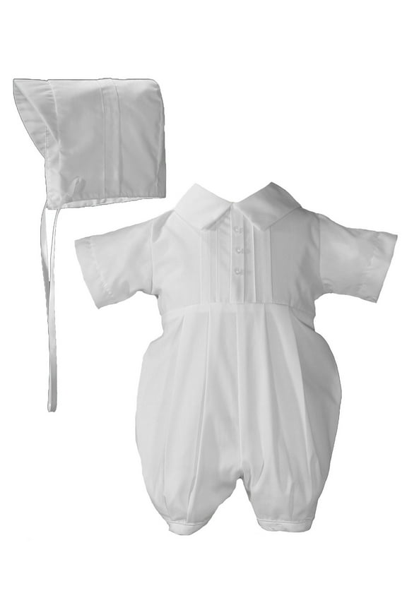 Boys Polycotton Christening Baptism Romper with Pin Tucking and Hat (Baby)