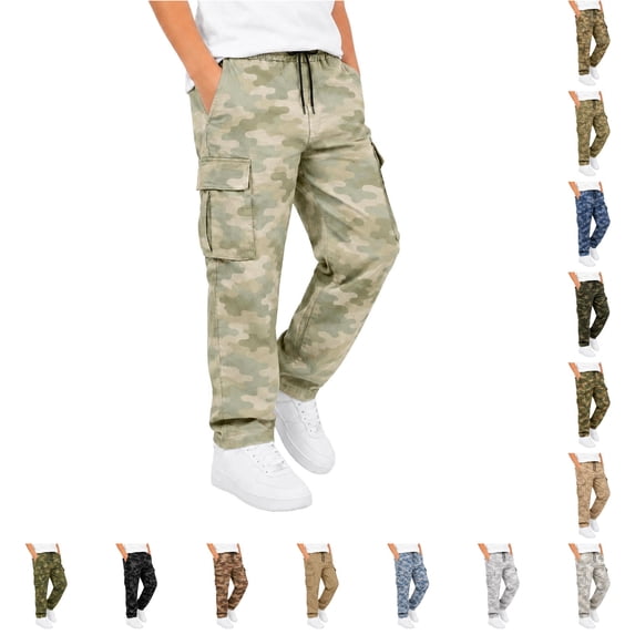 Boys Print Cargo Pants With Pockets Casual Long Trousers For Outdoor Play, f-Light Green, 15-16 Years