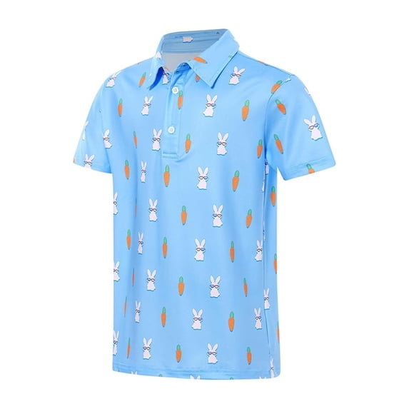 Boys Print Short Sleeve Golf Polo Shirts Novelty Cartoon Abstract Pattern Collared Tee Lightweight Breathable Casual Polo Top for Kids Daily Outdoor Summer Wear(Sky Blue1,5-6 Years )