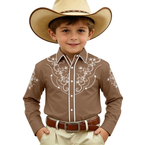 Boys Printed Long Sleeve Western Shirt, Snap Button Cowboy Collared Top for Kids 4-11 Years