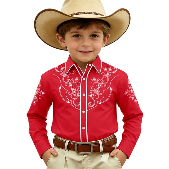 Boys Printed Long Sleeve Western Shirt, Snap Button Cowboy Collared Top for Kids 4-11 Years