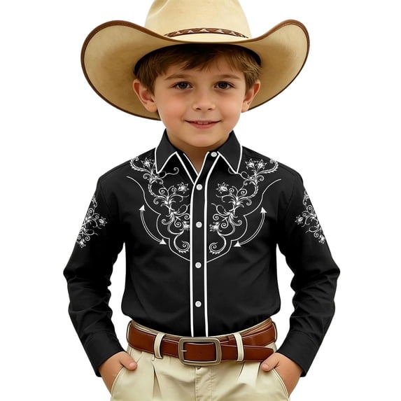 Boys Printed Long Sleeve Western Shirt, Snap Button Cowboy Collared Top for Kids 4-11 Years