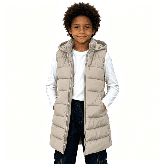 Boys Puff Vest Outwear with Hood Casual Full Zip Warm Sleeveless Kids Winter Jacket Khaki 4-14