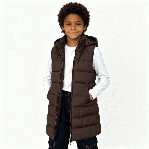 Boys Puff Vest Outwear with Hood Full Zip Warm Sleeveless Casual Kids Winter Jacket Brown 12