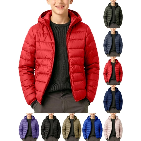 Boys Puffer Jacket Insulated Quilted Hooded Winter Coat Outerwear Warm for Sports Or Casual Wear Red 9-10Years
