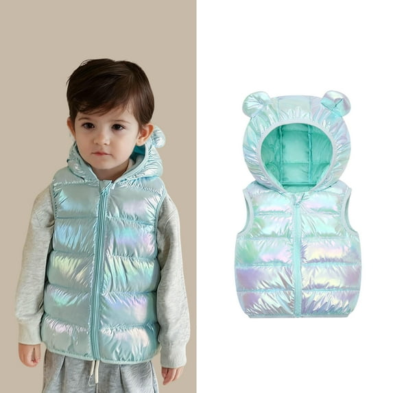 Boys Puffer Vest Hooded Jacket Green Down Vest Zip up Sleeveless Bear Ears Lightweight Kids Puffer Jacket Girls Vests5-6 Years