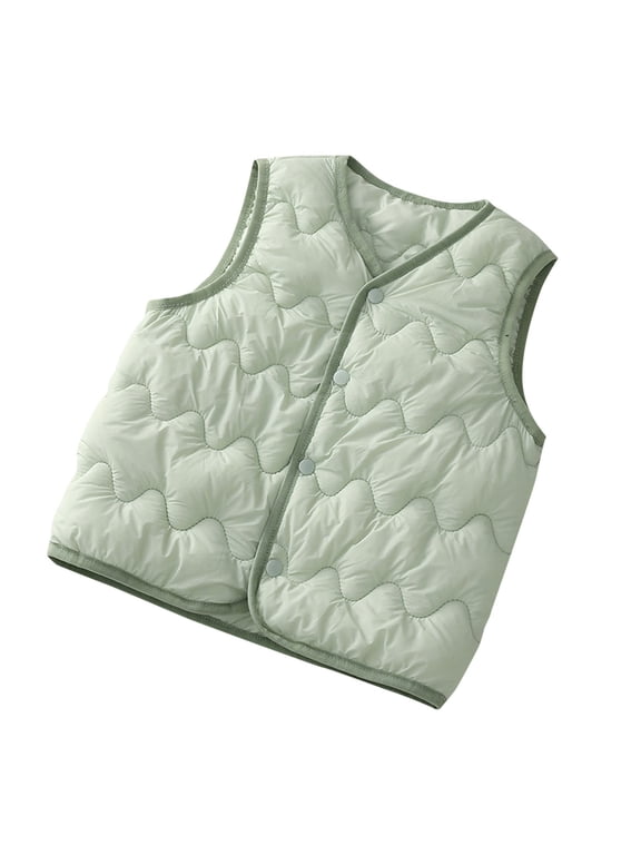 Boys Puffer Vest Tween 8-12t Wave Quilted Button Up Sleeveless Down Jacket Liner Solid Winter Warm Kids Clothing, Green, 8 Years