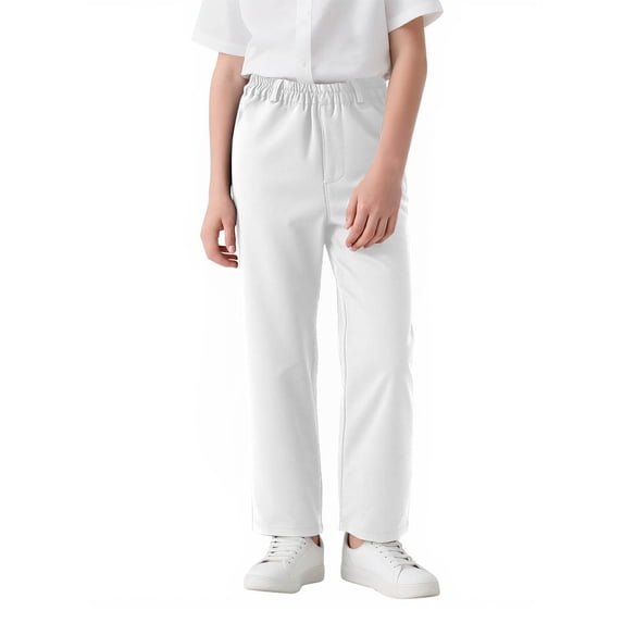 Boys Pull On Pants Twill Elastic Waist Pants with Pockets Wrinkle Resistant Versatile School Uniform Pants for Spring Summer White