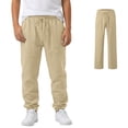 thumbnail image 1 of Boys Pull on Khaki Linen Pants Lightweight Dress Pants Kids School Uniform Summer Casual Beach Pants Elastic Waist with Drawstring 6-7 Years, 1 of 6