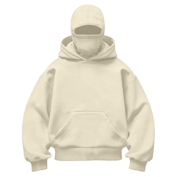 Boys Pullover Hoodie with Built‑in Face Cover, Kids Oversized Hooded Sweatshirt with Kangaroo Pocket, Soft Casual Long Sleeve Tops Beige 3T