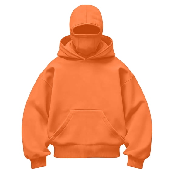 Boys Pullover Hoodie with Built‑in Face Cover, Kids Oversized Hooded Sweatshirt with Kangaroo Pocket, Soft Casual Long Sleeve Tops Orange 13T