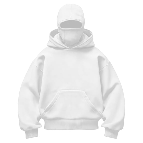 Boys Pullover Hoodie with Built‑in Face Cover, Kids Oversized Hooded Sweatshirt with Kangaroo Pocket, Soft Casual Long Sleeve Tops White 11T