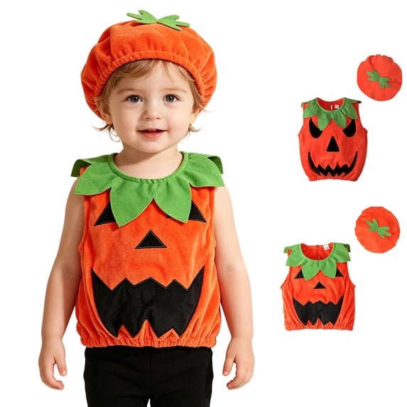 Boys Pumpkin Unisex Sleeveless Pumpkin Tops with Hats Two Piece Set Halloween Kids Party Dress up Clothes Size 0-3 Years