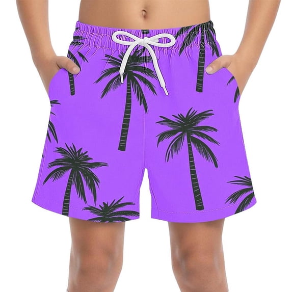 Boys Purple Tropical Palm Tree Print Quick Dry Shorts with Elastic Waistband Drawstring Side Pockets,Size 14-15T