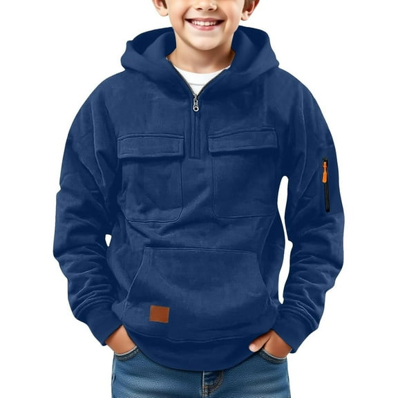 Boys Quarter Zip Hoodie Casual Pullover Long Sleeve Athletic Sports Sweatshirt with Multiple Pockets for Outdoor Activities,Autumn and Winter Sweatshirts(Blue,5-6Years)