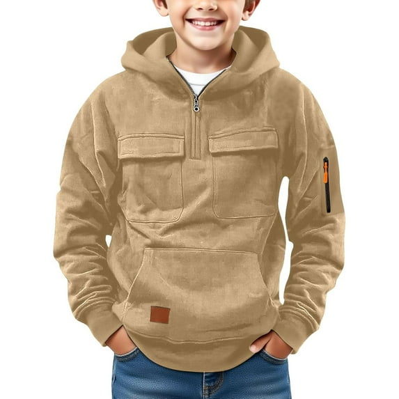 Boys Quarter Zip Hoodie Casual Pullover Long Sleeve Athletic Sports Sweatshirt with Multiple Pockets for Outdoor Activities,Autumn and Winter Sweatshirts(Khaki,11-12Years)