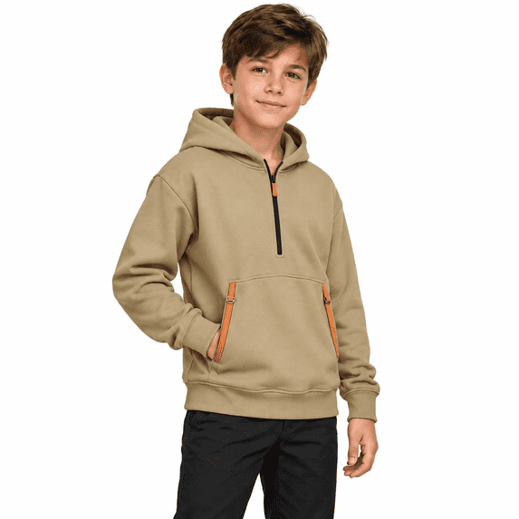 Boys Quarter Zip Hoodie Fleece Hooded Sweatshirt With Pockets Kids Soft Fall Winte Long Sleeve Pullover Khaki Size 7-8years