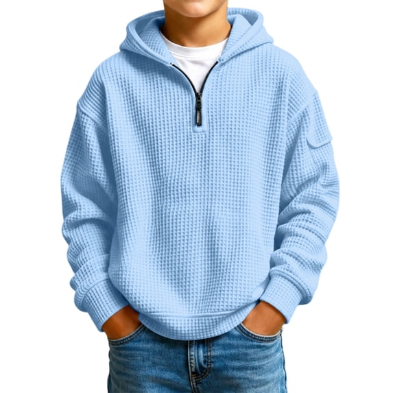 Boys Quarter Zip Hoodie Waffle Knit Pullover Sweatshirt with Kangaroo Pocket Relaxed Casual Fall Hoodies
