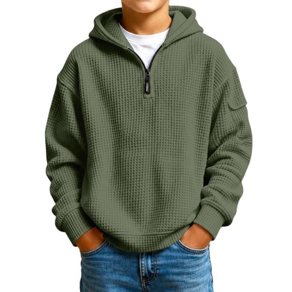 Boys Quarter Zip Hoodie Waffle Knit Pullover Sweatshirt with Kangaroo Pocket Relaxed Casual Fall Hoodies