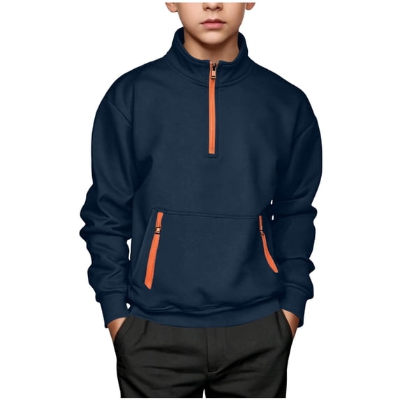 Boys Quarter Zip Mock Neck Sweatshirt Long Sleeve Pullover Top Zipper Pocket Casual Kids Sweater Navy 14-15Years