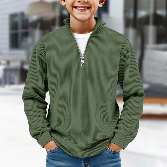 Boys Quarter Zip Pullover, Hoodless Sporty Sweatshirt with Ribbed Cuffs, Solid Color Long Sleeve Top for Kids, Youth Athletic Casual Wear Green 110