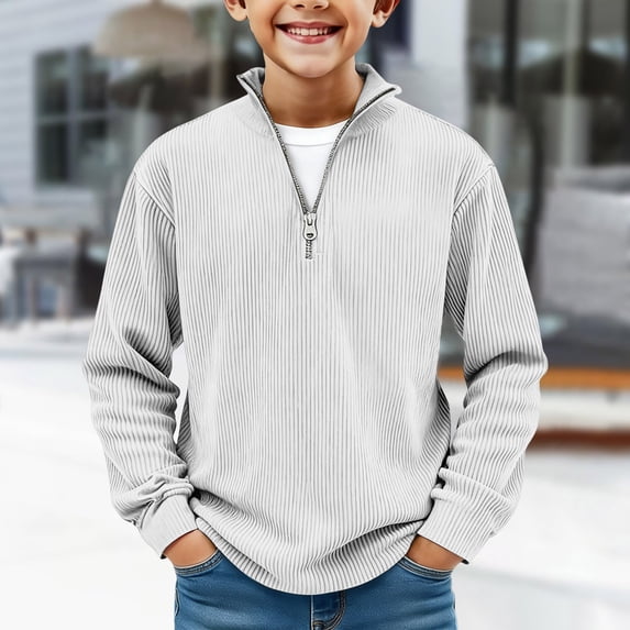 Boys Quarter Zip Pullover, Hoodless Sporty Sweatshirt with Ribbed Cuffs, Solid Color Long Sleeve Top for Kids, Youth Athletic Casual Wear White 150