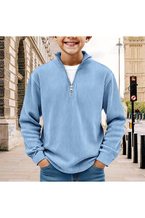 Boys Quarter Zip Pullover, Soft Cotton Blend Ribbed Sweatshirt, Light Blue Casual Zip Up Top for Youth Kids, School & Everyday Wear, Sizes 120-170,Size 4-5T