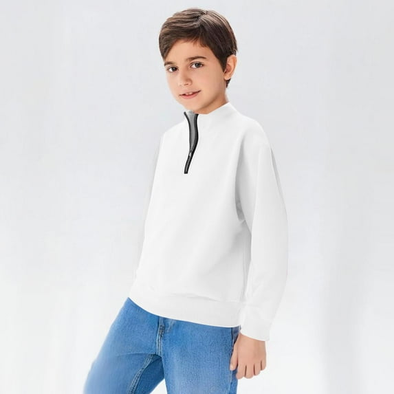 Boys Quarter Zip Sweatshirt Loose Fitting Solid Color Long Sleeve Athletic Sports Pullover Sweatshirt Girl's Cute Hoodies Sweatshirts White 9Y