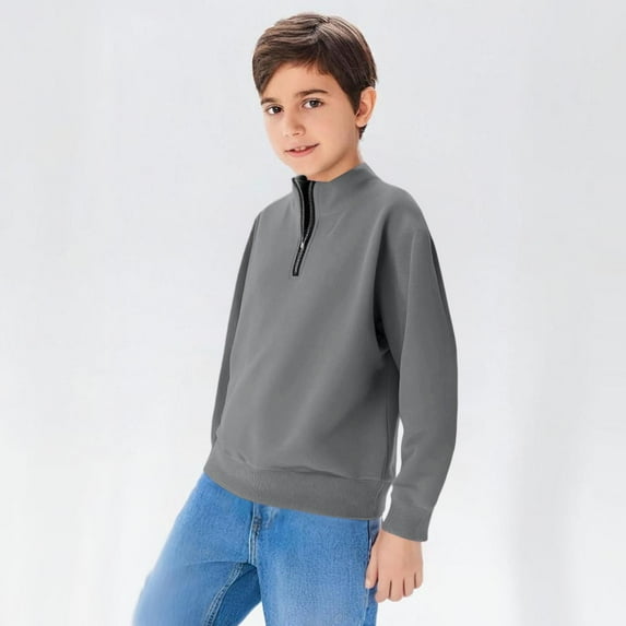 Boys Quarter Zip Sweatshirt Loose Fitting Solid Color Long Sleeve Athletic Sports Pullover Sweatshirt Winter Hoodies for Boy Gray 9Y