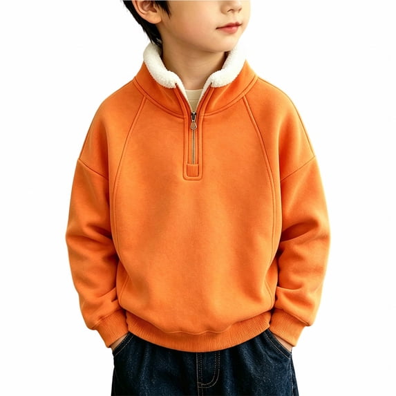 Boys Quarter Zip Sweatshirts Fleece Lining Pullover Winter Warm Clothes Kids Half Zip Stand Collar Shirts Ribbed Cuffs Windproof Sweatshirt School PE Active Tops