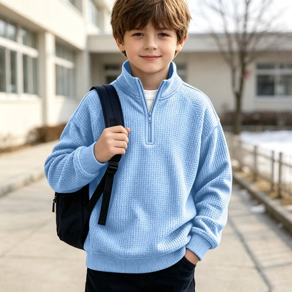 Boys Quarter Zip Sweatshirts Lightweight Casual Waffle Zip Mock Neck Sweatshirt Long Sleeve Solid Color Comfort Clothes Trendy Fall